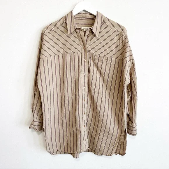 BOGO! Anthropologie Pilcro Boyfriend Button Down Oversized Tan Stripe Size XS - Picture 2 of 9